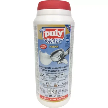 A 900g jar of Puly Caff Plus Backflushing Detergent Powder with a red lid, featuring product details and backflushing instructions in several languages on the label. © 2025 1st-line.com