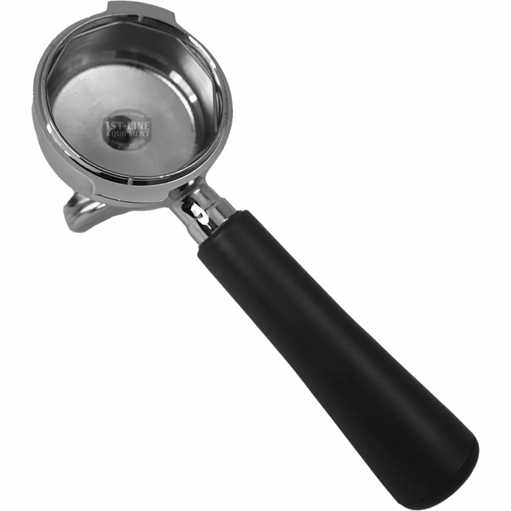 A Bezzera 5965503 2-cup portafilter with a gray handle is shown from above at an angle, isolated on a white background. © 2025 1st-line.com