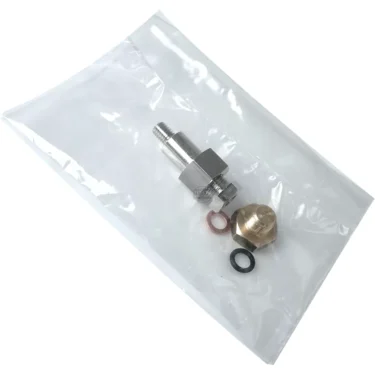 An Adapter Kit for Holding Thermometer on most E61 Groupheads, containing a brass nozzle, steel connector, and two O-rings, is shown in a clear resealable plastic bag against a white background. © 2025 1st-line.com