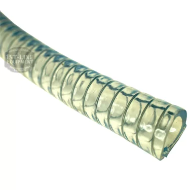 Close-up view of the Drain Hose with Internal Steel Wire - PER YARD, showing its transparent design and visible steel wire spiral reinforcement against a white background. © 2025 1st-line.com