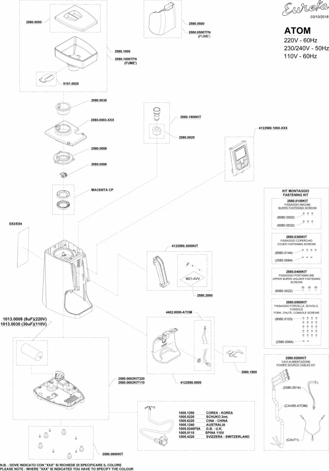 Exploded diagram of a Eureka ATOM coffee grinder showing labeled parts, including the hopper, body, internal components, and wiring, with reference numbers and a parts list on a white background. © 2025 1st-line.com