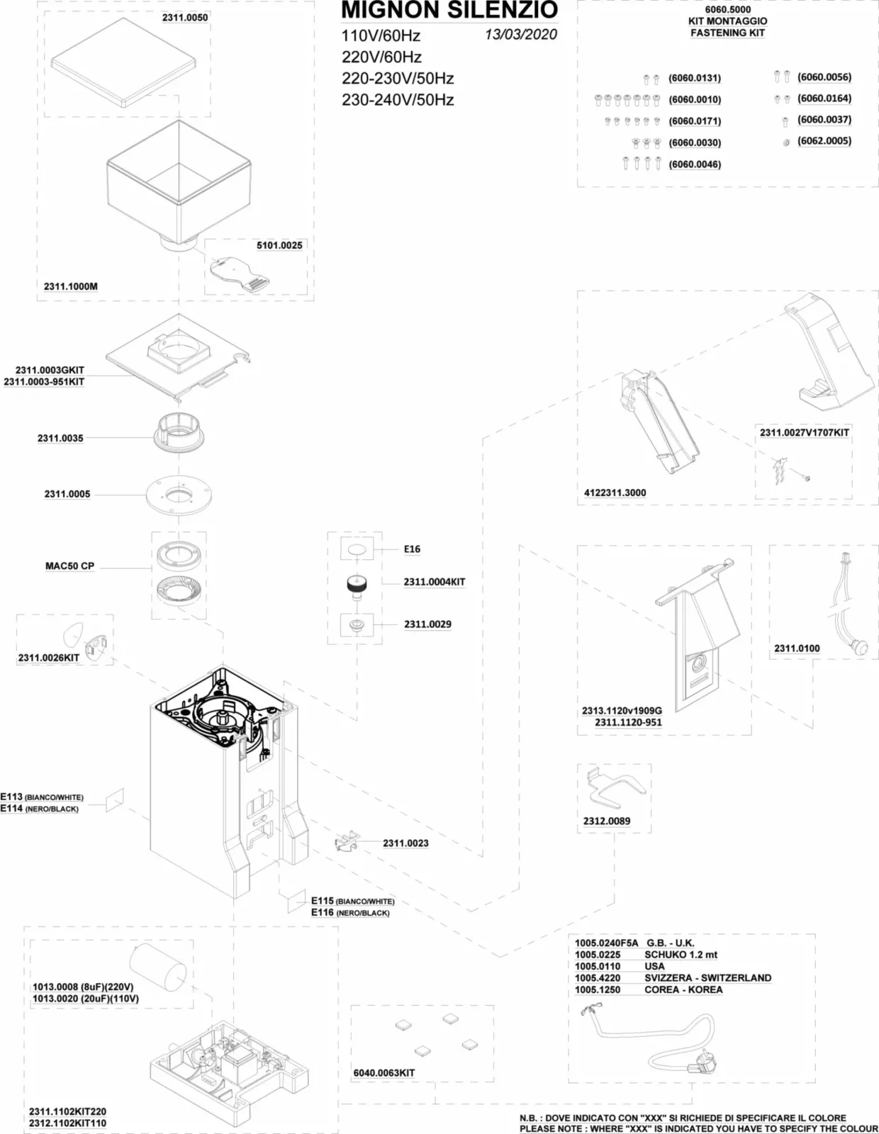 Exploded view diagram of the Mignon Silenzio espresso grinder, showing labeled parts and hardware components with reference numbers, assembly lines, and technical specifications. © 2025 1st-line.com