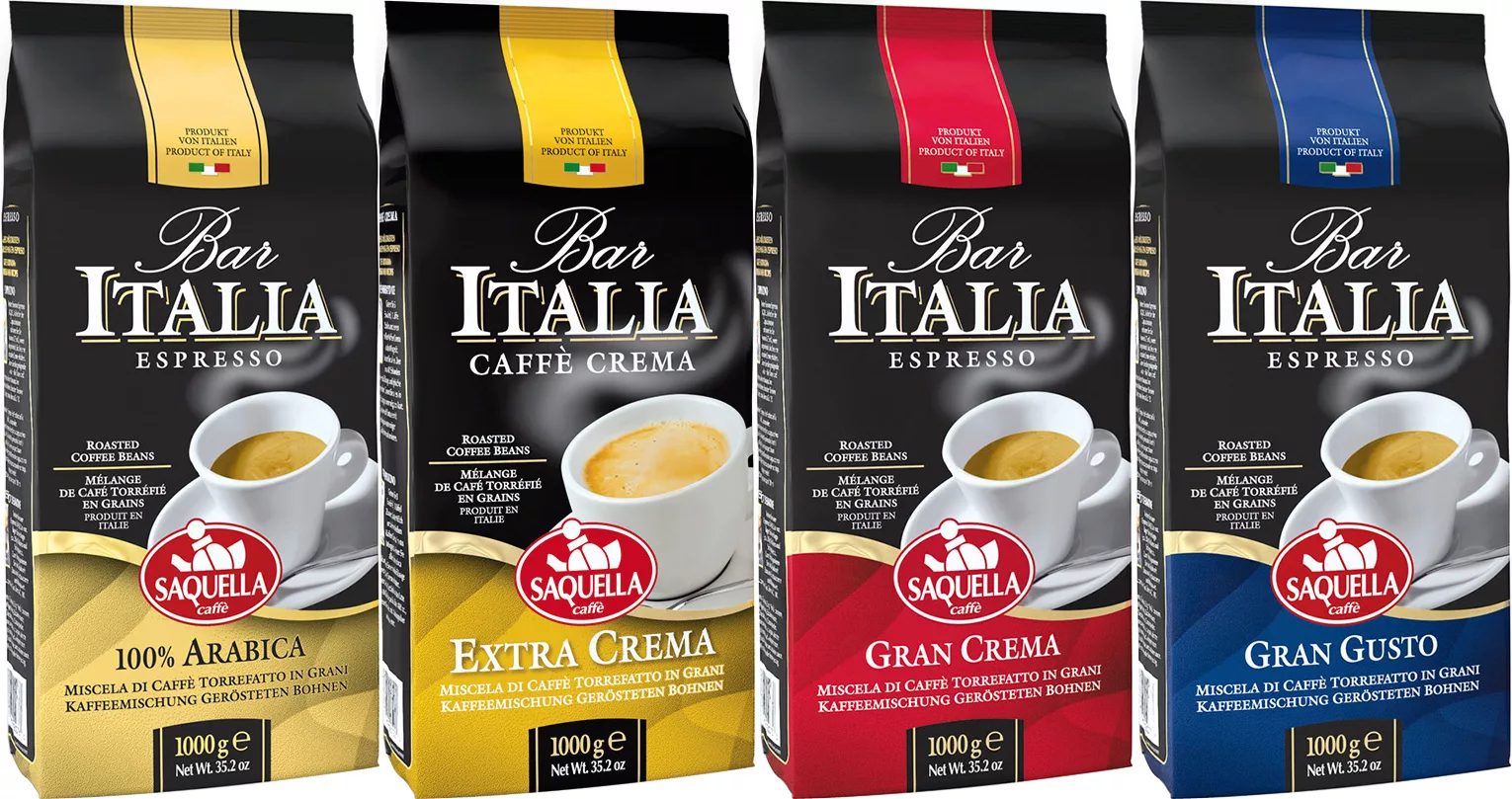 Four bags from the DISCONTINUED Saquella Coffee Sampler Package Deal are lined up, each featuring a coffee cup and labeled: 100% Arabica, Extra Crema, Gran Crema, and Gran Gusto with colorful designs. © 2025 1st-line.com