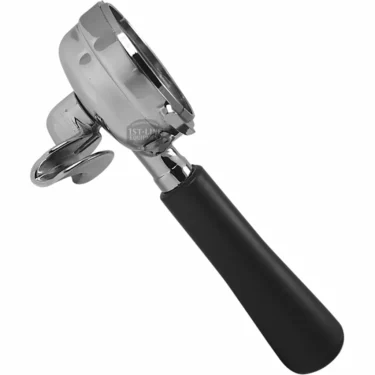 The Bezzera 5965503 2-Cup Portafilter with a gray handle is shown empty on a white background, clearly displaying its circular filter basket. © 2025 1st-line.com