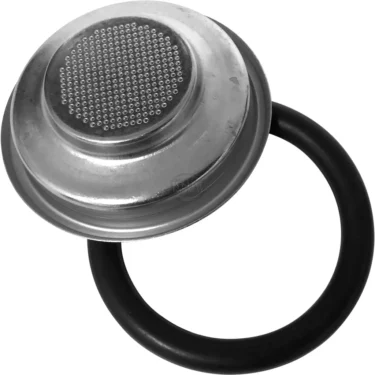 The Bezzera 5973127 58mm ESE Pod Adapter features a metal coffee filter screen with a rubber gasket, shown against a white background. It serves as a replacement part for moka pots or stovetop espresso makers. © 2025 1st-line.com
