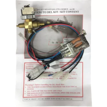 The Bezzera 7433020 Pressurestat Assembly w/ Relay, including electrical wires, connectors, and a brass valve, is neatly arranged on its instruction sheet with red and black text for clear visibility. © 2025 1st-line.com