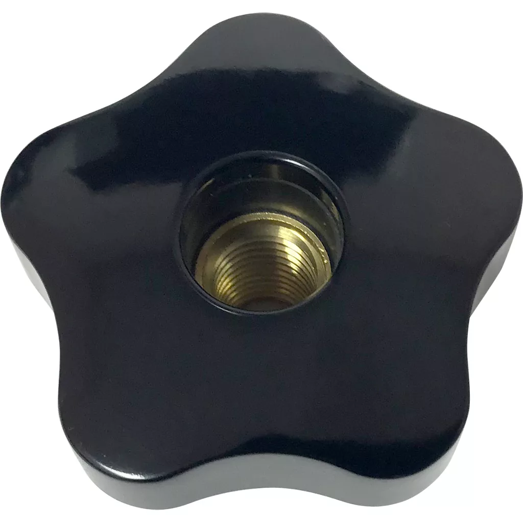 The Black Plastic Knob for Steam/Hot Water Valves, compatible with Lelit Bianca and Mara, features five lobes and a central brass threaded insert. It is shown from above against a white background. © 2025 1st-line.com