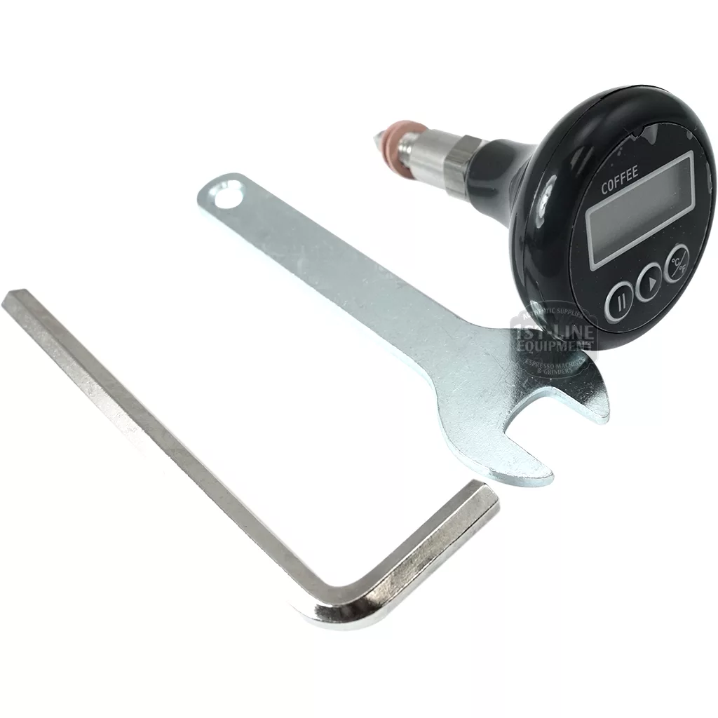 The E61 Grouphead Digital Thermometer / Sensor, featuring a sensor, display screen, metal open-end wrench, and L-shaped hex key, is arranged on a white background—ideal for E61 grouphead maintenance. © 2025 1st-line.com