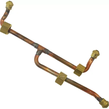 The Elektra 03279011 Boiler to Steam Valve Pipe is a copper assembly with multiple bends, four brass fittings, and an attached steam valve, shown against a white background. © 2025 1st-line.com