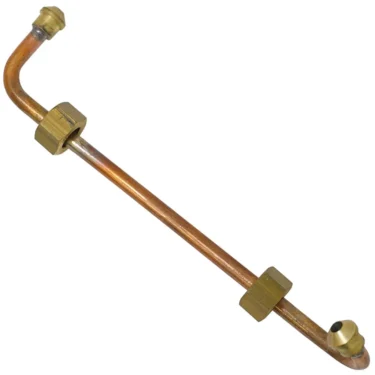 The Elektra 03816011 Boiler to Solenoid Valve Pipe features a copper body with three brass fittings—one at each end and one near the center—and is shown on a white background. © 2025 1st-line.com