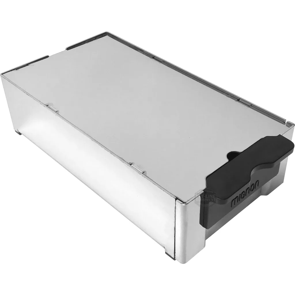 The Eureka 2311.0119A0R01-901 Mignon Base/Knockbox is a rectangular stainless steel knockbox with a black rubber handle, perfect for disposing of used coffee grounds and serving as a sturdy accessory for your Mignon setup. © 2025 1st-line.com