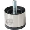 The Stainless Steel Foot for Lelit Bianca is an adjustable metal and rubber support with a threaded bolt, used as a leg for espresso machines or grinders. Its cylindrical base is marked with 1st-Line Equipment on the side.
