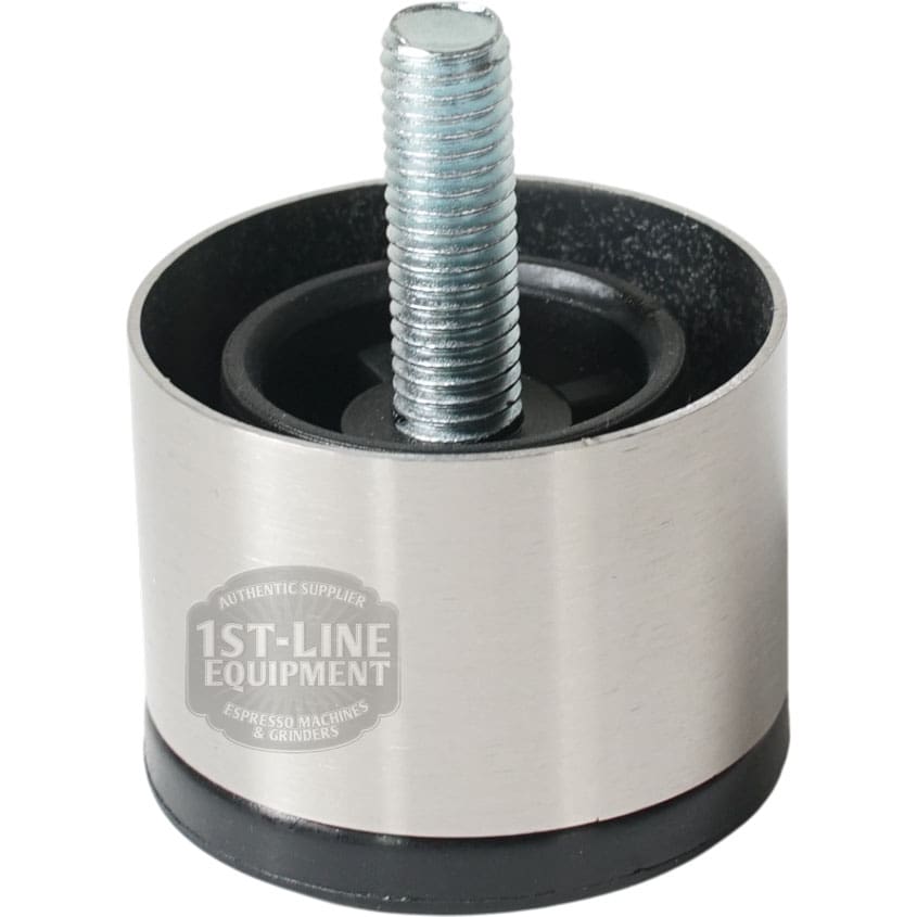 The Stainless Steel Foot for Lelit Bianca is an adjustable metal and rubber support with a threaded bolt, used as a leg for espresso machines or grinders. Its cylindrical base is marked with 1st-Line Equipment on the side.