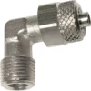 The V..549 1/8M x 4MM Compression Fitting Elbow is a metal 90-degree grease fitting with a threaded end and knurled hex nut, designed for secure lubrication in machinery. © 2025 1st-line.com