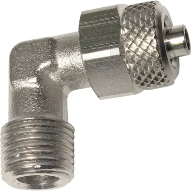 The V..549 1/8M x 4MM Compression Fitting Elbow is a metal 90-degree grease fitting with a threaded end and knurled hex nut, designed for secure lubrication in machinery. © 2025 1st-line.com