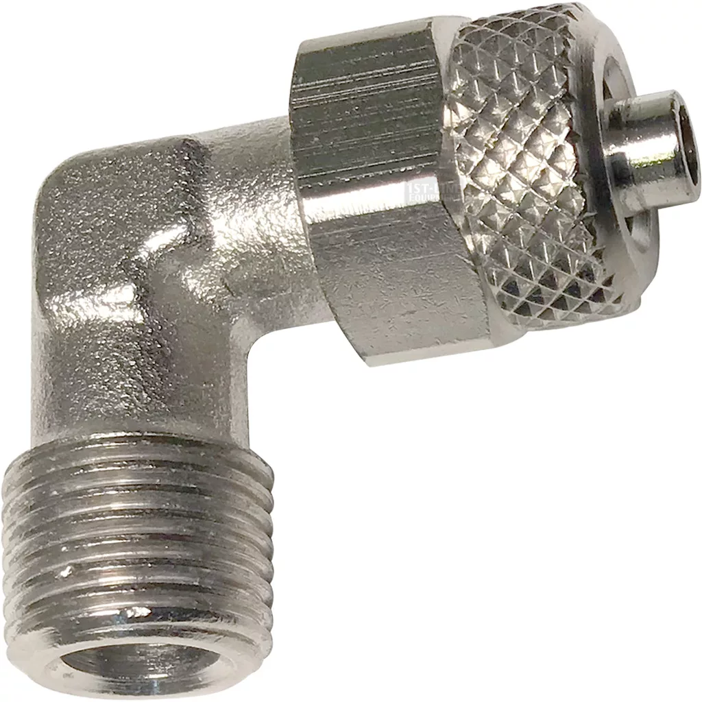 The V..549 1/8M x 4MM Compression Fitting Elbow is a metal 90-degree grease fitting with a threaded end and knurled hex nut, designed for secure lubrication in machinery. © 2025 1st-line.com