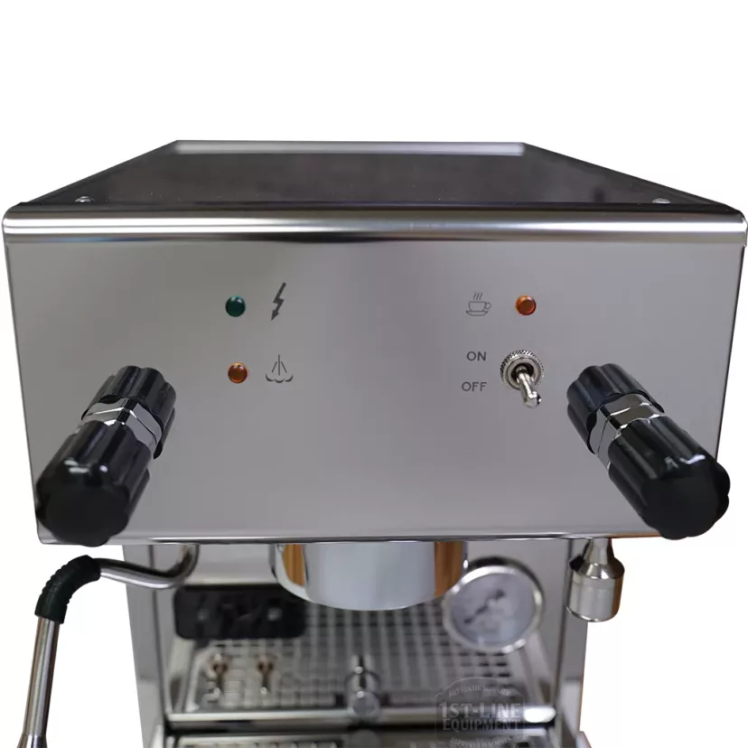 A close-up front view of the SOLD OUT - Profitec Pro 300 Dual Boiler Espresso Machine - PID Display, 110 Volts, shows control knobs, indicator lights, a toggle switch, coffee and steam icons, and a clear PID display for precise temperature control. © 2025 1st-line.com