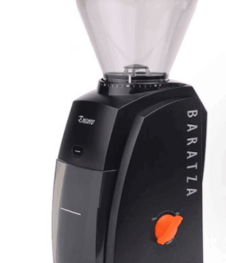 A BARATZAgear Baratza Encore coffee grinder features a transparent bean hopper, an orange Encore Accent Kit on/off dial, and a front container for grounds. © 2025 1st-line.com