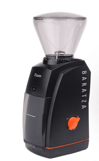 A BARATZAgear Baratza Encore coffee grinder features a transparent bean hopper, an orange Encore Accent Kit on/off dial, and a front container for grounds. © 2025 1st-line.com