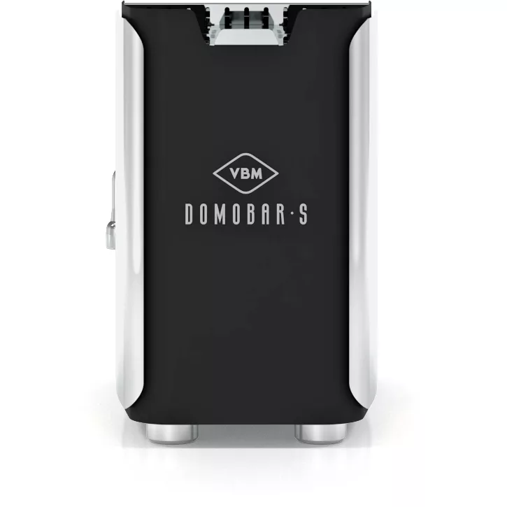 A black and silver VBM Super Electronic DUAL PROFILER Dual Boiler Espresso Machine is shown from the front, featuring the VBM logo, a modern design, and metallic accents. © 2025 1st-line.com