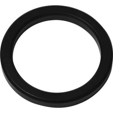 A black, circular 1st-line E-61 Portafilter Gasket 8 mm NBR 85SH with Nanotech coating, featuring a smooth surface and resembling a seal, is photographed on a white background. © 2025 1st-line.com