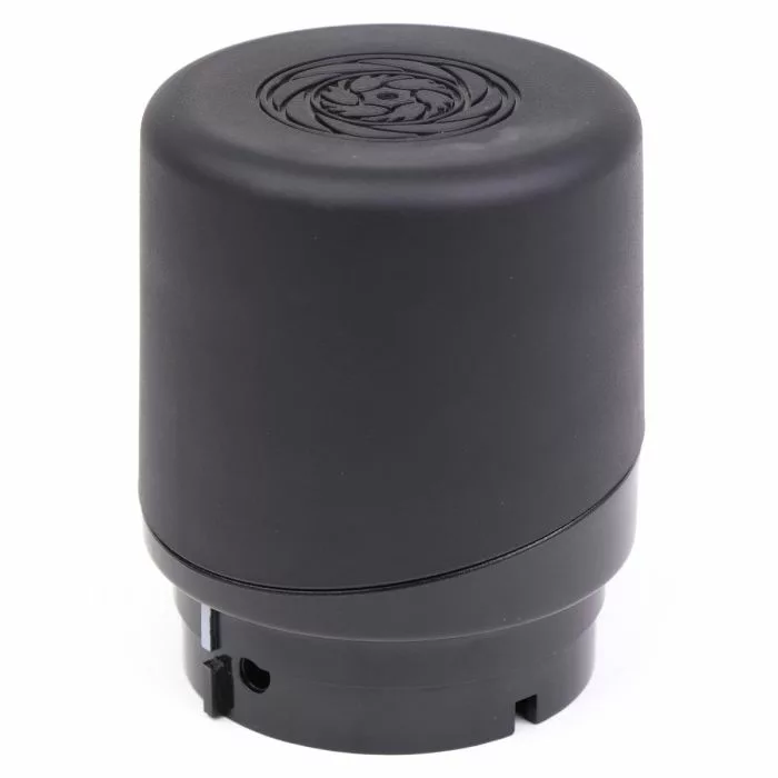 A black, smooth-finished cylindrical DISCONTINUED BARATZAgear Single Dose Hopper for select Baratza coffee grinders, with a circular decorative top and a segmented base featuring notches and small openings. © 2025 1st-line.com
