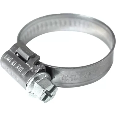 A close-up of a V...63 20-35mm CLAMP made of stainless steel with a screw mechanism, designed to tightly secure hoses onto fittings. © 2025 1st-line.com