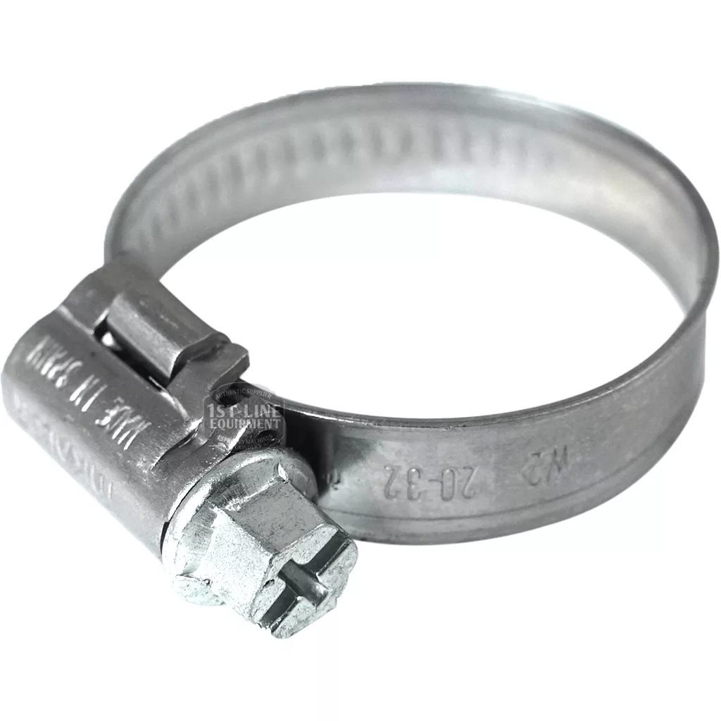 A close-up of a V...63 20-35mm CLAMP made of stainless steel with a screw mechanism, designed to tightly secure hoses onto fittings. © 2025 1st-line.com