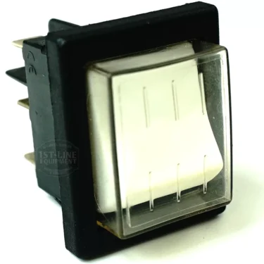 A close-up of the ARI.83 6 Faxton Momentary White Switch with a clear protective cover, shown at an angle highlighting its three side metal prongs. © 2025 1st-line.com