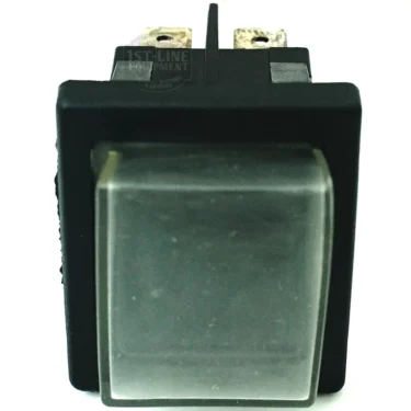 A close-up of the ARI.85 6 Faxton Black Switch shows its black rectangular rocker with a translucent frosted button and two metal prongs at the top. © 2025 1st-line.com