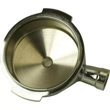 A close-up of the Bezzera 7479972.01TW Filter Handle Head—a shiny, empty metal espresso portafilter basket designed to hold coffee grounds for brewing espresso. © 2025 1st-line.com