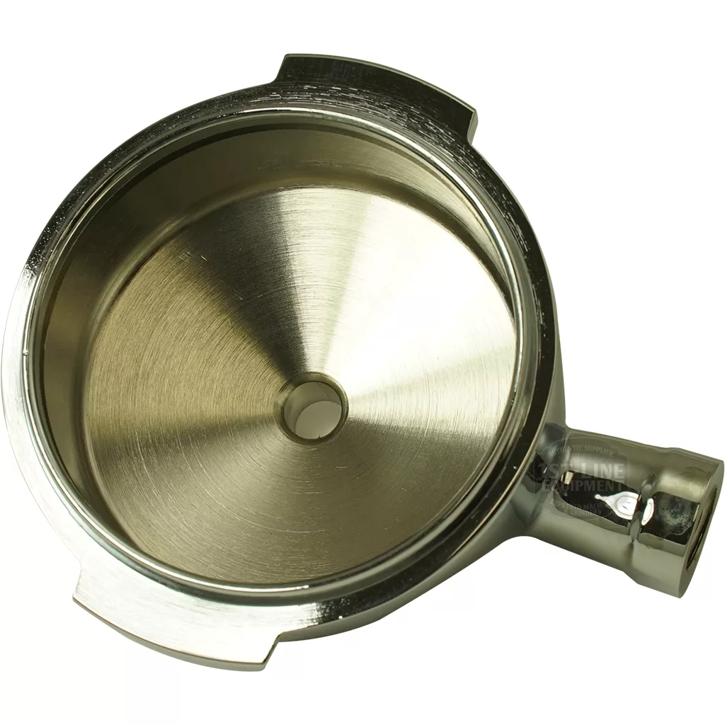 A close-up of the Bezzera 7479972.01TW Filter Handle Head—a shiny, empty metal espresso portafilter basket designed to hold coffee grounds for brewing espresso. © 2025 1st-line.com