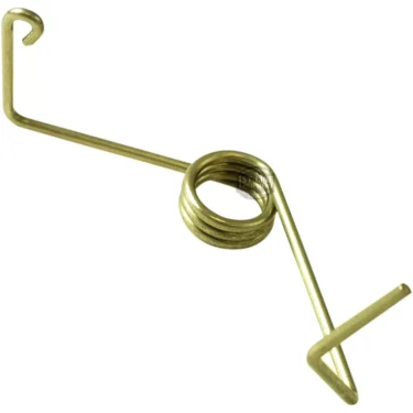 A close-up of the CA.284 TAP HANDLE SPRING, a coiled metal torsion spring with two angled arms—one hooked, one with a bent flat tip—is displayed against a plain white background. © 2025 1st-line.com