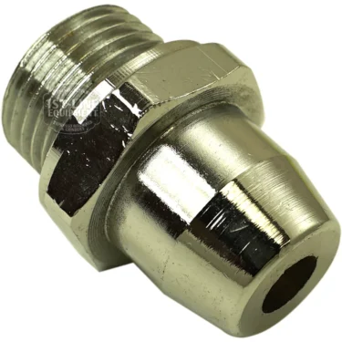 A close-up of the F..237 VALVE LOWER CAP, a shiny metallic pipe fitting featuring threaded ends and a hexagonal section for tightening. © 2025 1st-line.com