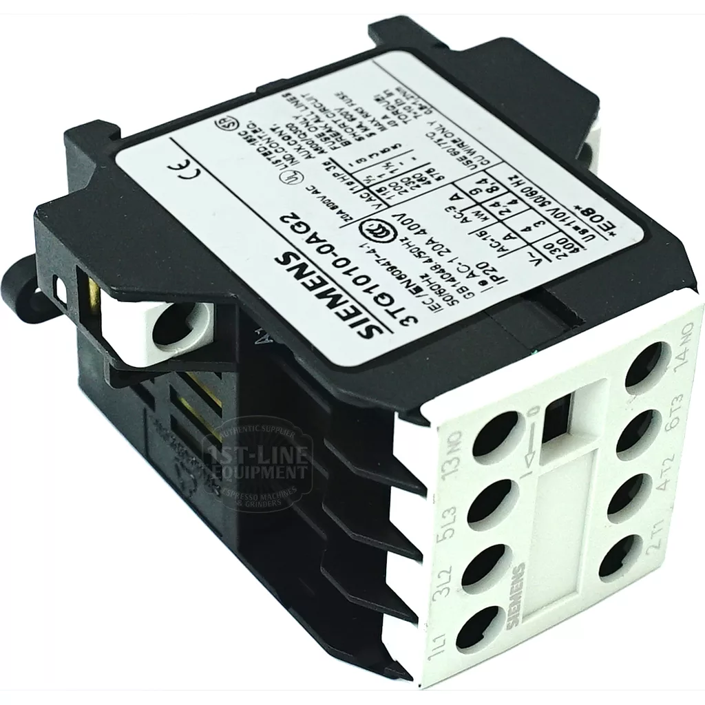 A Fiorenzato A2100156 110V Contactor, featuring a black housing with multiple connection ports and a white top label showing technical specs, functions similarly to the Siemens 3TH4040-0AP0 industrial relay. © 2025 1st-line.com