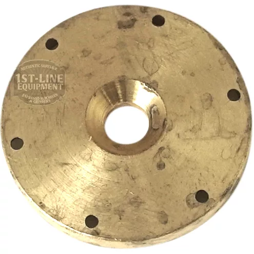 A round brass C..240 GROUP SHOWER DISK features a central hole, six evenly spaced edge holes, slight tarnish, surface scratches, and the faint marking 1st-Line Equipment on the left side. © 2025 1st-line.com