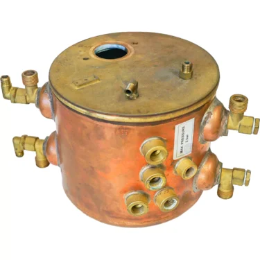 A slightly used Fiorenzato A2000112 5 Liter Compact Boiler, sold without fittings, features a cylindrical copper body with a round top opening and visible label. © 2025 1st-line.com