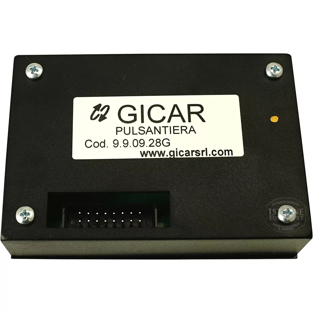 Black rectangular electronic device labeled Gicar 9.9.09.28G, featuring a connector port, four corner screws, and 6 buttons; serves as a reliable Gicar 9.9.09.28G 6 Button Touchpad for control applications. © 2025 1st-line.com