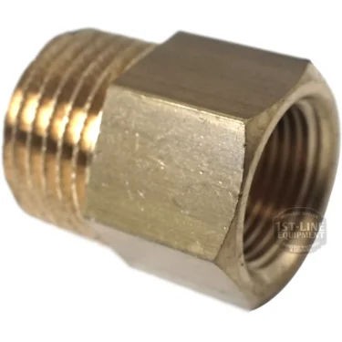 Close-up of a V..322 3/8f-1/2m FITTING, featuring male threads on one end and female threads on the other for connecting pipes or hoses. © 2025 1st-line.com