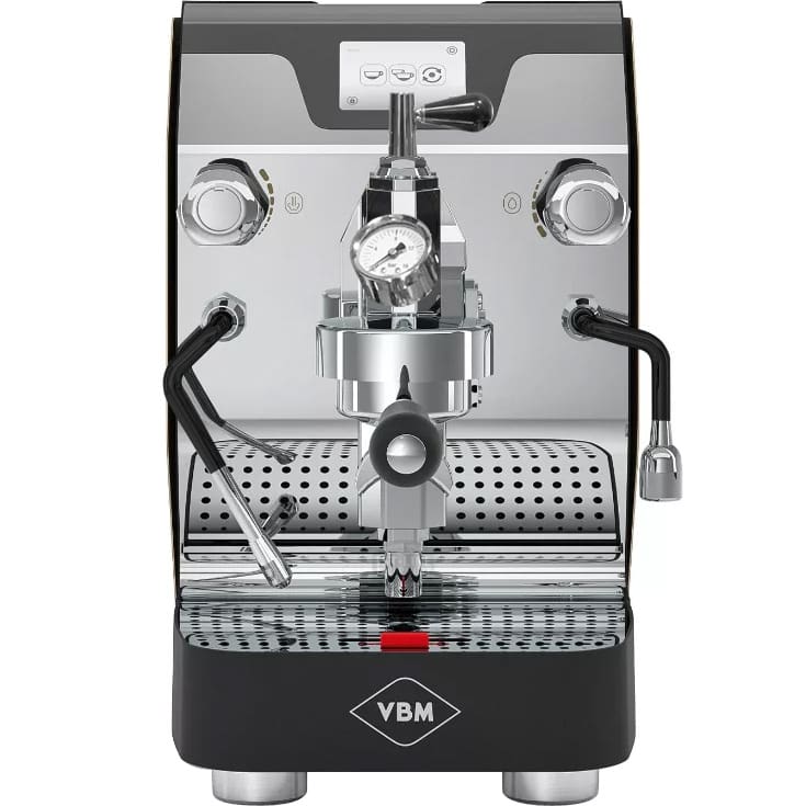 Front view of the VBM Super Electronic DUAL PROFILER Dual Boiler Espresso Machine with two steam wands, pressure gauge, metal drip tray, and top control panel in a sleek black and silver design. © 2025 1st-line.com
