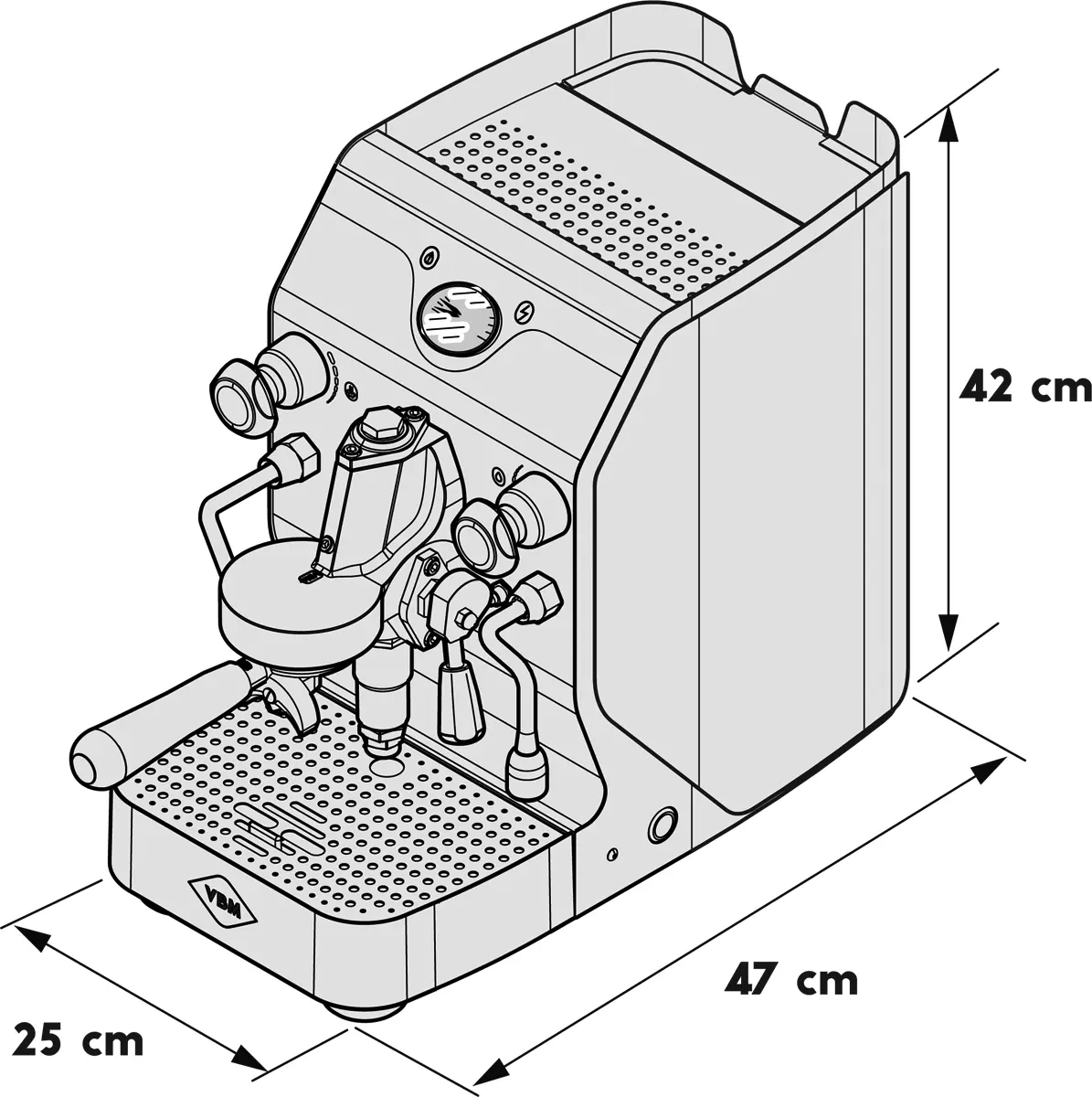 Line drawing of a VBM Domobar Super Analogic HX Espresso Machine with Flow Control, measuring 42cm tall, 47cm deep, and 25cm wide. Features control knobs, portafilter, steam wand, and top ventilation holes.