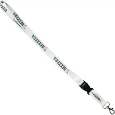 The Bezzera 9940226 Lanyard is white with BEZZERA text and a red logo printed along its length. It has a black plastic buckle and a metal hook clasp at the end. © 2025 1st-line.com