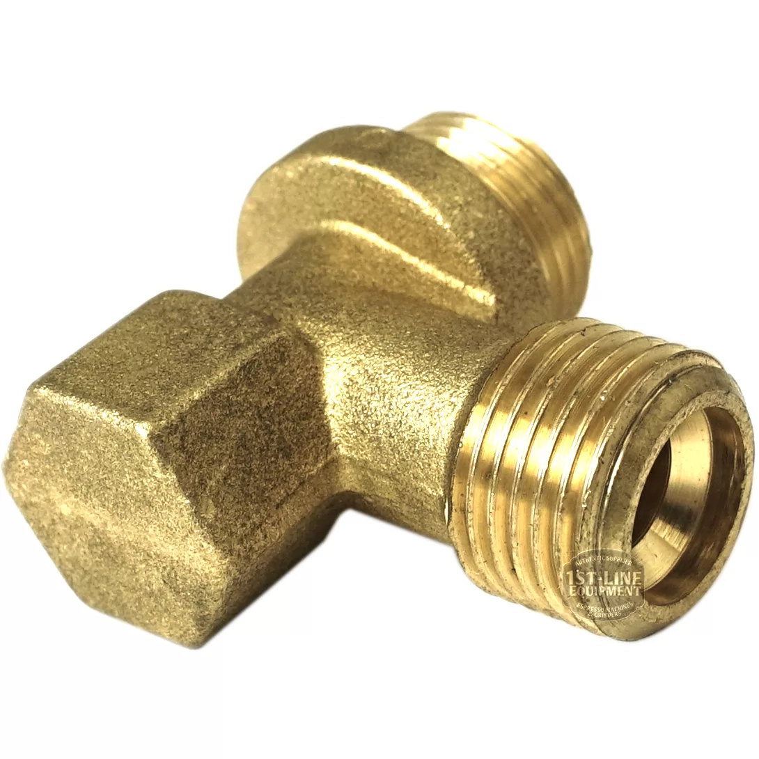 The BF.684 BOILER UPPER FITTING is a brass T-shaped pipe fitting with threaded ends—one hexagonal for tightening and two cylindrical for pipe connections. © 2025 1st-line.com