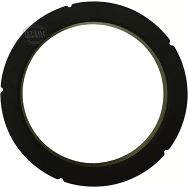The Brugnetti-Aurora Portafilter Group Head Gasket 72x56x9mm is a black, circular gasket with a smooth surface and three small notches on the outer edge, shown against a white background. © 2025 1st-line.com