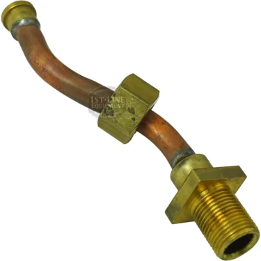 The Elektra 04627011 Pipe from Water Entry to Non-Return Valve is a curved pipe with brass fittings, featuring a threaded male connector for water entry on one end and a smooth cylindrical end on the other. © 2025 1st-line.com