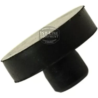 The F..143 Closing Gasket is a black, round rubber stopper with a flat top and cylindrical base, shown at an angle on a white background, ideal for sealing in various applications. © 2025 1st-line.com