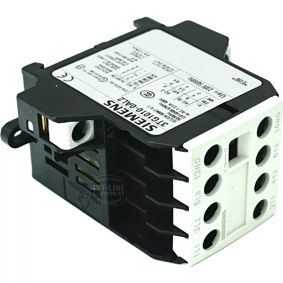The Fiorenzato A2100154 220V Contactor features a black and white rectangular design, multiple terminal connections, and technical specifications displayed on the white label. © 2025 1st-line.com