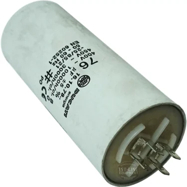 The Fiorenzato A3200103 Capacitor is cylindrical and white, with metal prongs at one end and its voltage, capacitance, and safety certifications printed on the side. © 2025 1st-line.com