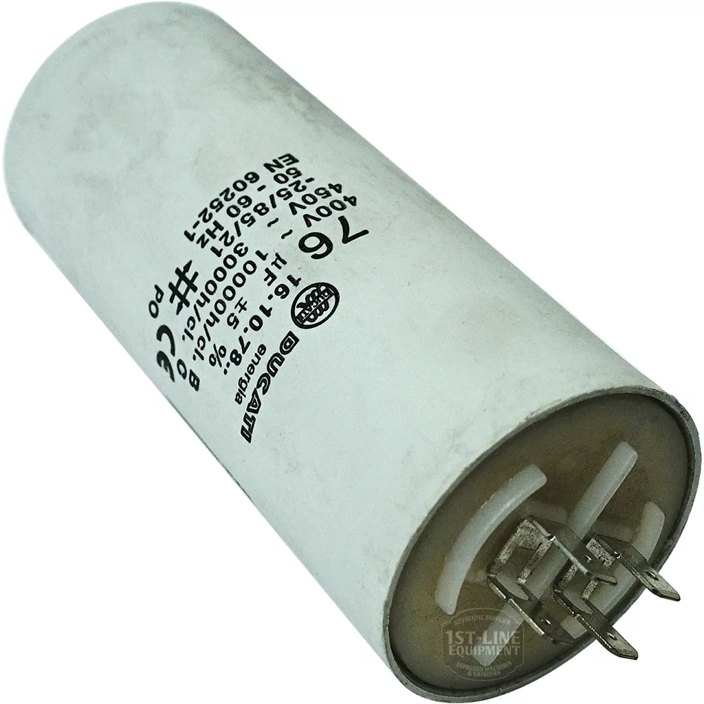 The Fiorenzato A3200103 Capacitor is cylindrical and white, with metal prongs at one end and its voltage, capacitance, and safety certifications printed on the side. © 2025 1st-line.com