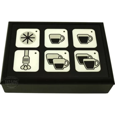 The Gicar 9.9.09.28G 6 Button Touchpad is a rectangular black panel featuring six square buttons, each with icons for different coffee options such as single or double cups and a steam wand. © 2025 1st-line.com